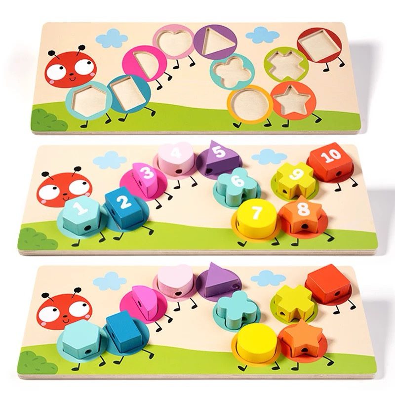 Jouet de comptage et de tri de formes Montessori – Planche de laçage en bois pour le développement des mathématiques et de la motricité fine en maternelle