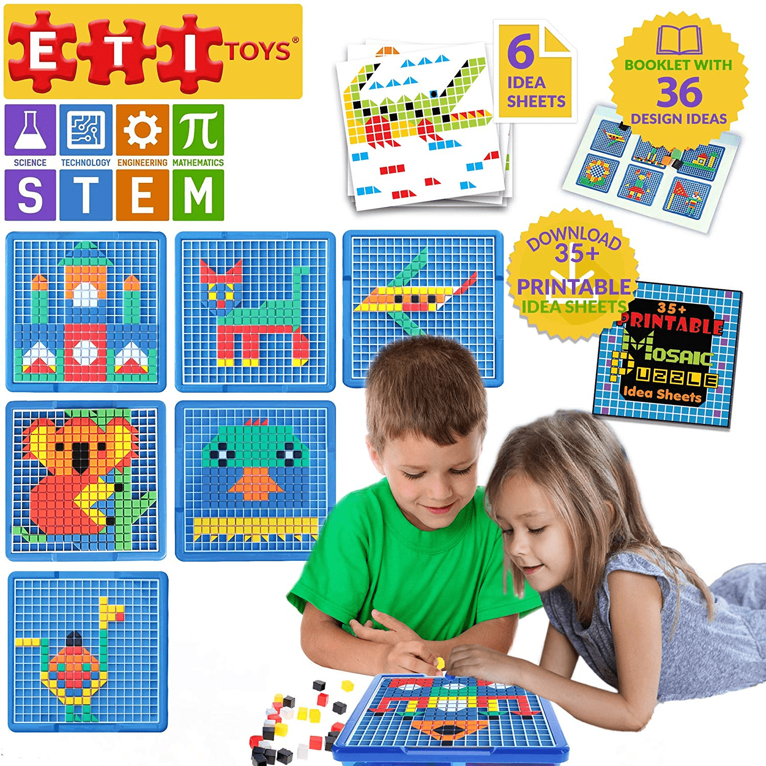 Fidtoy Kids Mosaic Puzzle Set 490 Pieces Educational STEM Building Board Color Matching Creative Learning Toy for Kids 4+