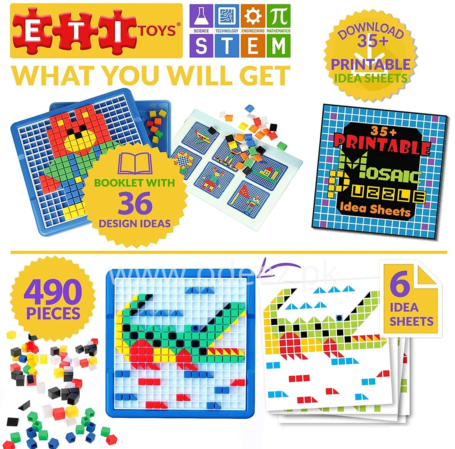 Fidtoy Kids Mosaic Puzzle Set 490 Pieces Educational STEM Building Board Color Matching Creative Learning Toy for Kids 4+
