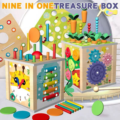 Cube d'activités Montessori en bois 9-en-1 – Jouet d'apprentissage pour la motricité fine, les STEM et les sens