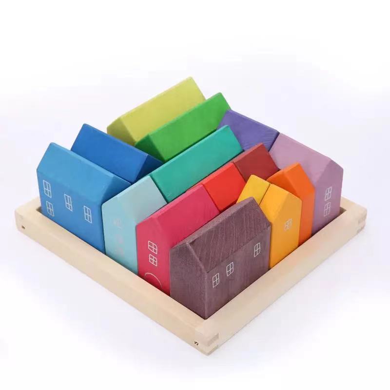 Fidtoy Petites maisons, ensemble de blocs de construction en bois, 15 pièces