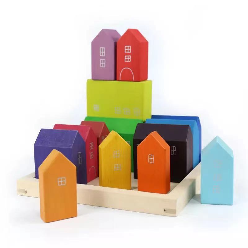 Fidtoy Petites maisons, ensemble de blocs de construction en bois, 15 pièces