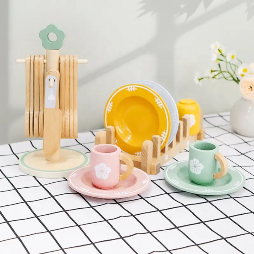 Juguete de madera - Juego de vajilla Platos Cuencos Cucharas a juego de colores