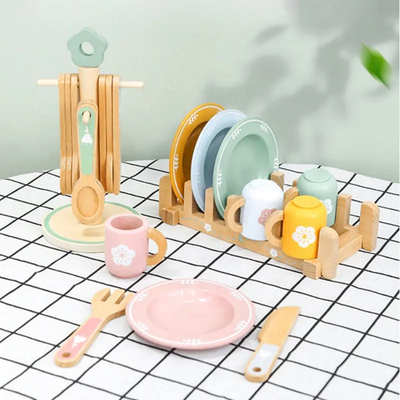 Juguete de madera - Juego de vajilla Platos Cuencos Cucharas a juego de colores