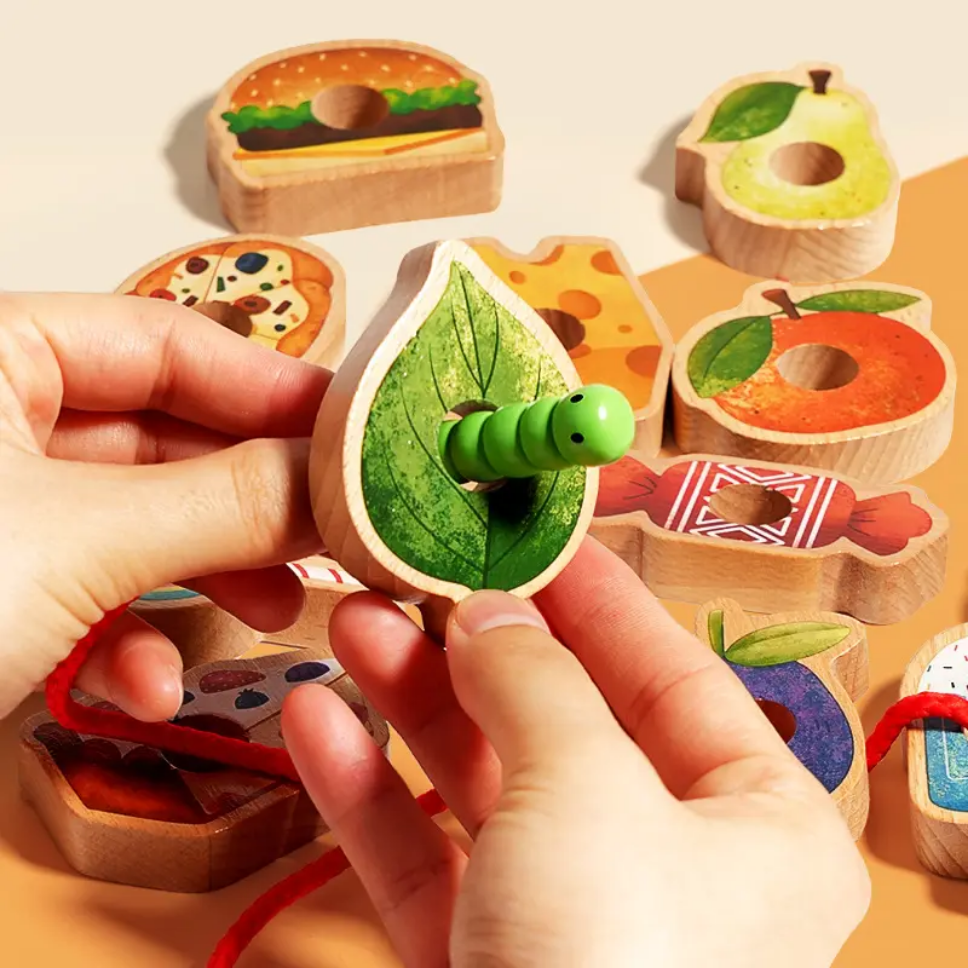 Chenille Affamée Jouet à lacer en Bois | Jeu d'apprentissage Montessori pour le développement de la motricité fine des tout-petits