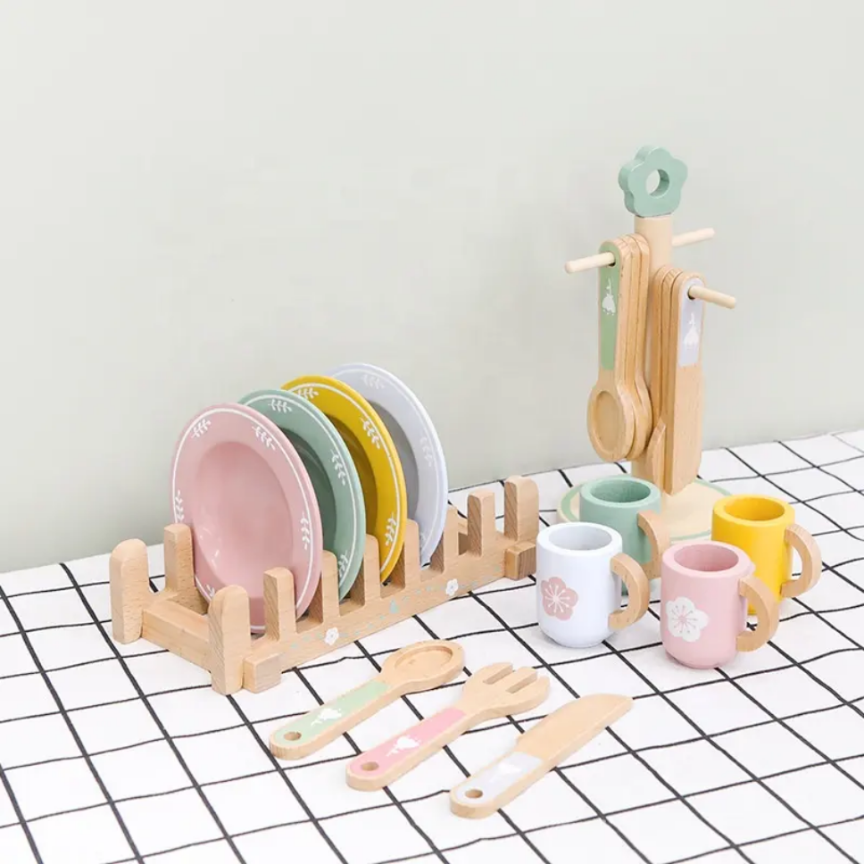 Juguete de madera - Juego de vajilla Platos Cuencos Cucharas a juego de colores