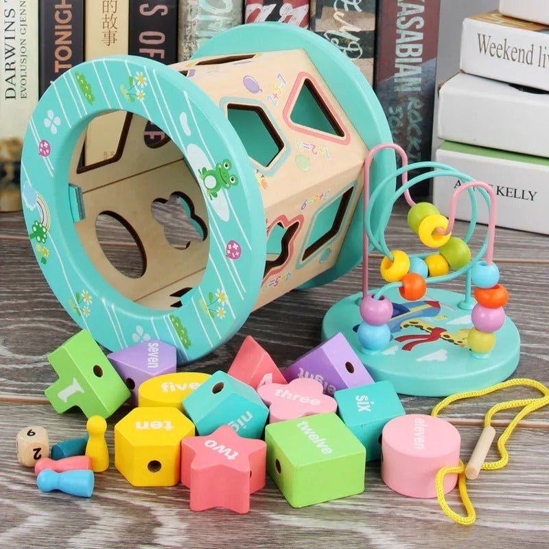 Caja de inteligencia de seis lados con cuentas de madera grandes para niños, multifunción, con cuentas redondas grandes, caja del tesoro, juguete educativo de desarrollo para padres e hijos
