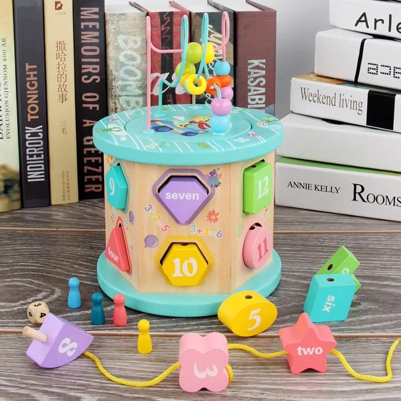 Caja de inteligencia de seis lados con cuentas de madera grandes para niños, multifunción, con cuentas redondas grandes, caja del tesoro, juguete educativo de desarrollo para padres e hijos