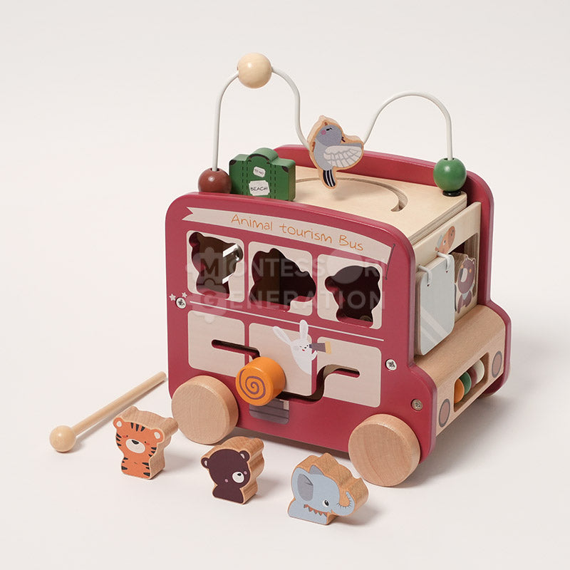 Fidtoy Bus d'activités en bois pour les tout-petits – Jouet d'apprentissage Montessori multi-activités 2+