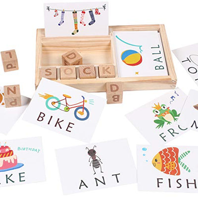 Fidtoy Wooden Spelling Matching Game with ABC Blocks and Word Cards for Kids Ages 3+
