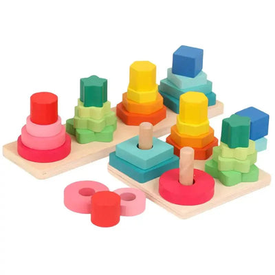 Tour à quatre colonnes carrées | Jouet d'éveil Montessori en bois pour bébés, jeu d'association pour jeunes enfants