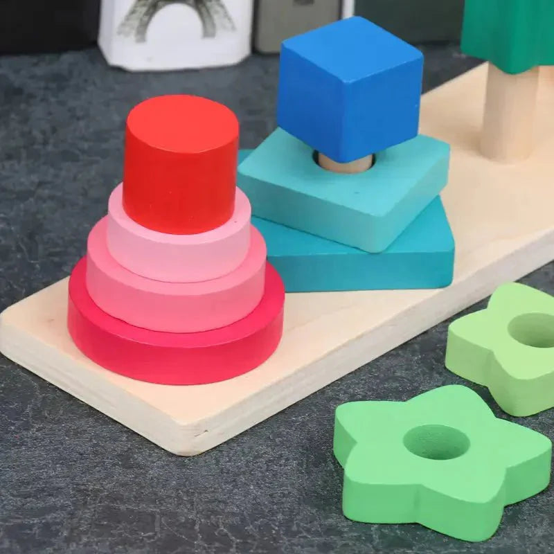 Tour à quatre colonnes carrées | Jouet d'éveil Montessori en bois pour bébés, jeu d'association pour jeunes enfants