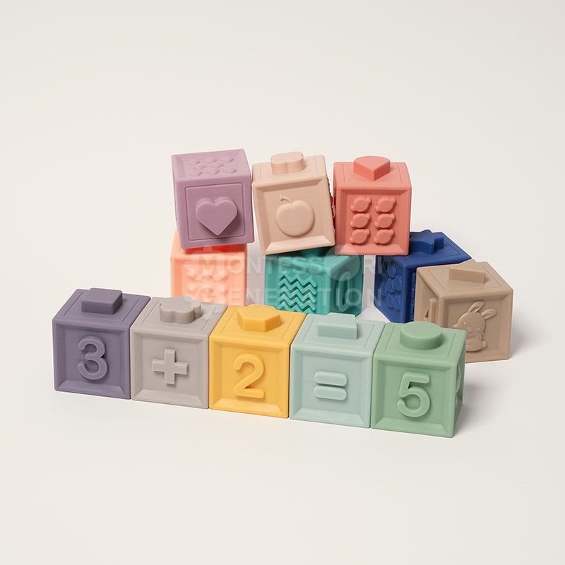 Fidtoy Bloques Sensoriales de Silicona Apilables para Bebés – Set de Juguetes Suaves para la Dentición 6 Meses+