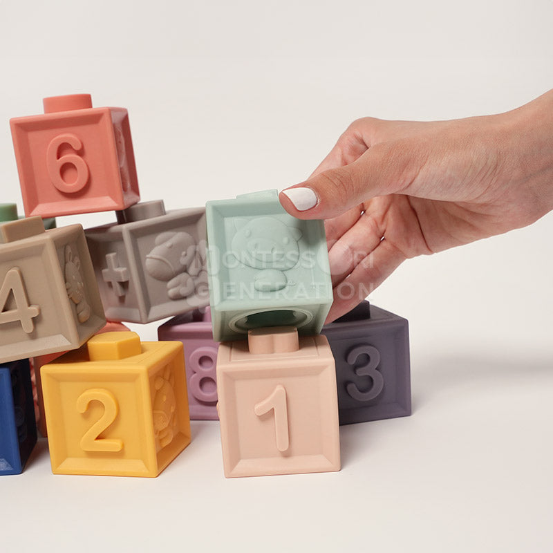 Fidtoy Bloques Sensoriales de Silicona Apilables para Bebés – Set de Juguetes Suaves para la Dentición 6 Meses+