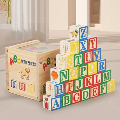 Bloques de madera con alfabeto - Clásico juguete apilable y de aprendizaje ABC con caja de almacenamiento