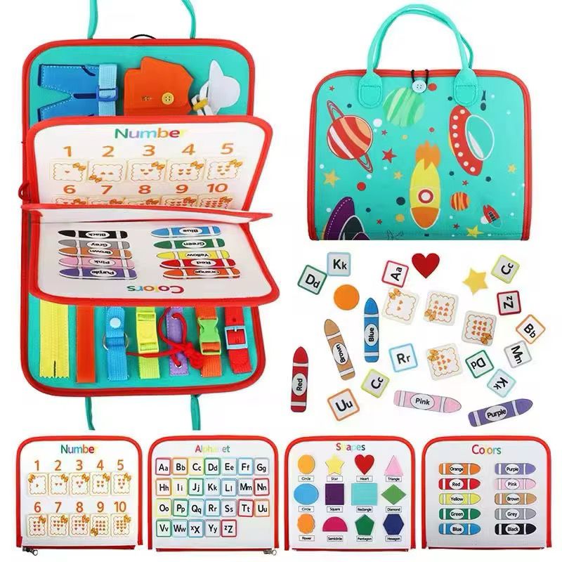 Tabla de fieltro sensorial para niños pequeños - Juguete de viaje con habilidades prácticas para la vida con temática espacial, sirenas y dinosaurios