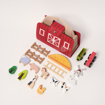 Fidtoy Traveling Farm Play Set for Toddlers – Portable Pretend Play Toy with 16 Wooden Animals Age 2+