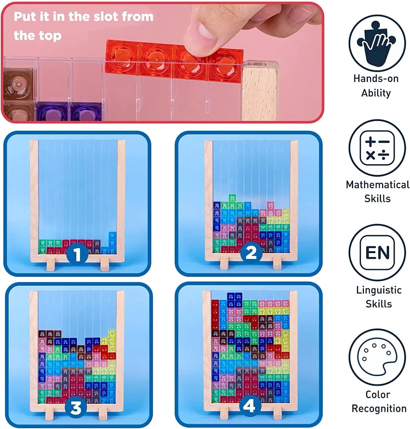 Juego de rompecabezas Tetris vertical – Tablero lógico 3D transparente para aprendizaje STEM y juego de estrategia
