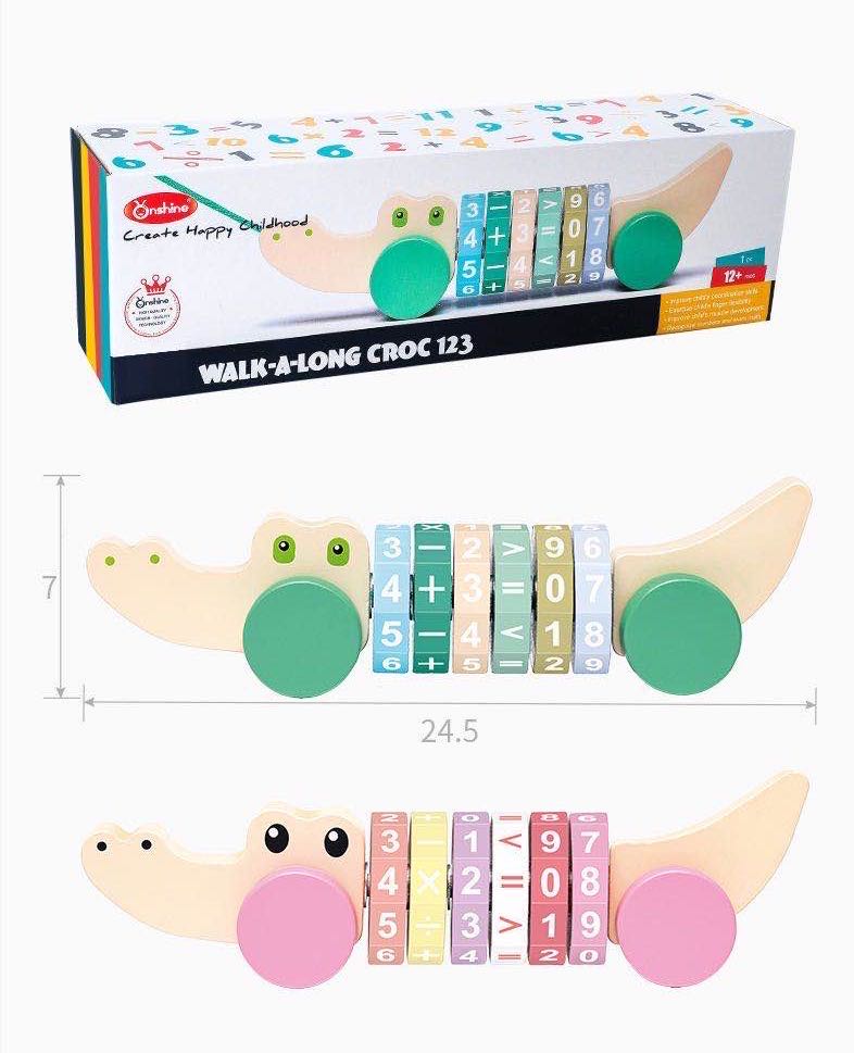 Onshine Cocodrilo de Madera para Arrastrar Juguetes de Arrastre de Madera Verde/Rosa - Juguetes para Habilidades Motrices Finas