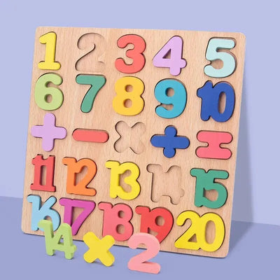 Tablero de matemáticas de madera con números en 3D