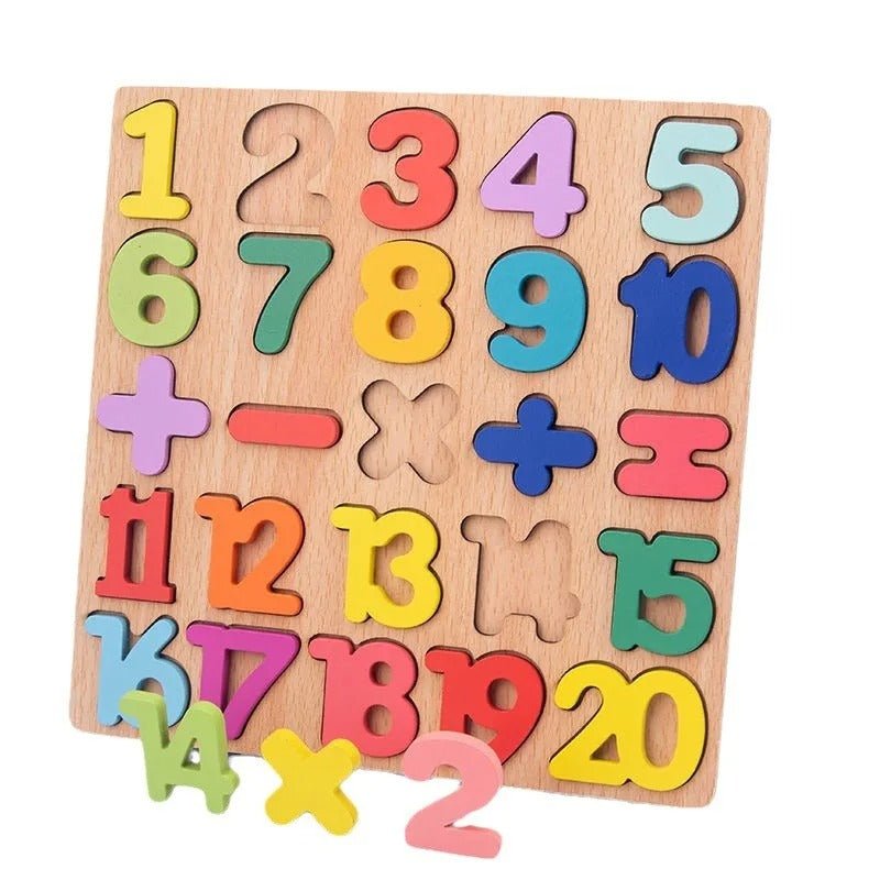 Tablero de matemáticas de madera con números en 3D