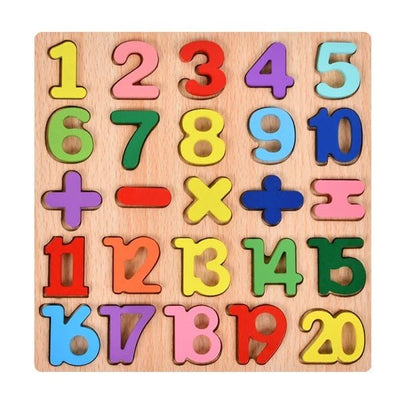 Tablero de matemáticas de madera con números en 3D