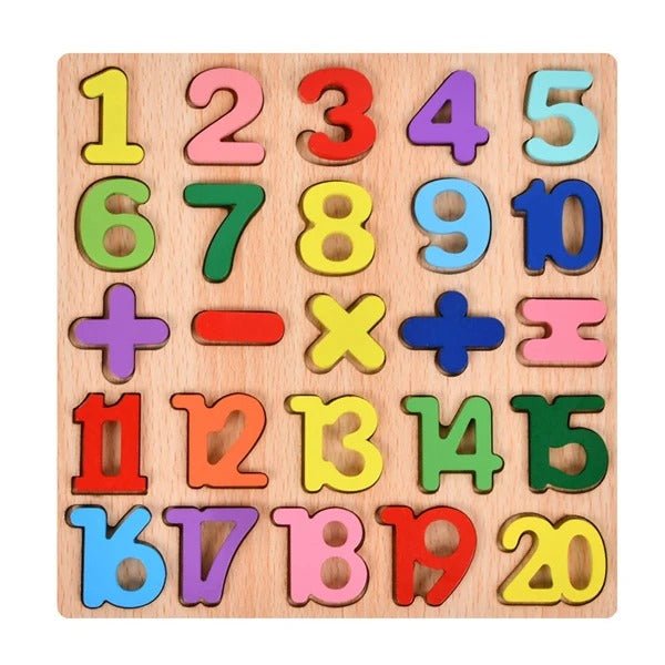 Tablero de matemáticas de madera con números en 3D