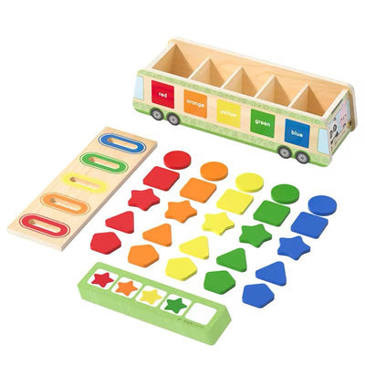 Activité de tri de pièces de monnaie en bois en forme de bus – Jouet de motricité fine avec cartes flash de motifs