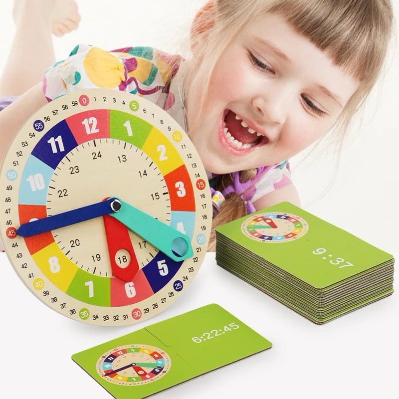 Modelo de reloj de madera con tarjetas para emparejar la hora – Juguete interactivo para enseñar a los niños a leer la hora