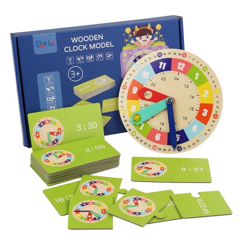 Modelo de reloj de madera con tarjetas para emparejar la hora – Juguete interactivo para enseñar a los niños a leer la hora