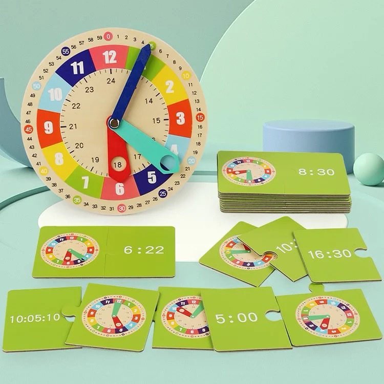 Modelo de reloj de madera con tarjetas para emparejar la hora – Juguete interactivo para enseñar a los niños a leer la hora