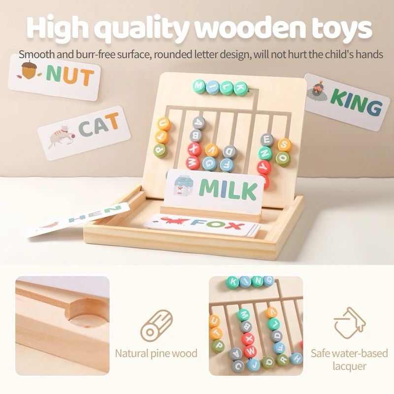 Tablero Montessori de madera para emparejar letras y patrones – Juguete educativo de doble cara para el reconocimiento de letras y formas
