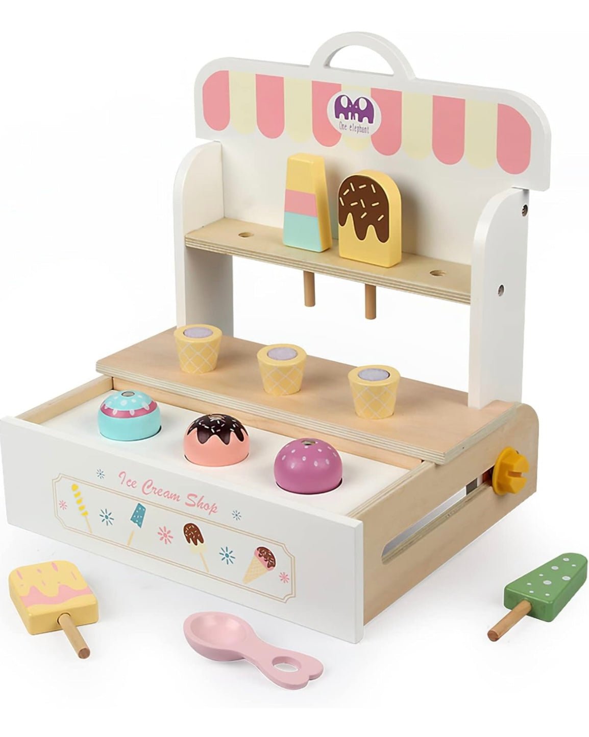Juego de helados de madera, carrito de helados, juguetes de puesto para niños pequeños, accesorios de cocina de juego Montessori, juego de comida de madera para niños, juego de simulación para niños pequeños