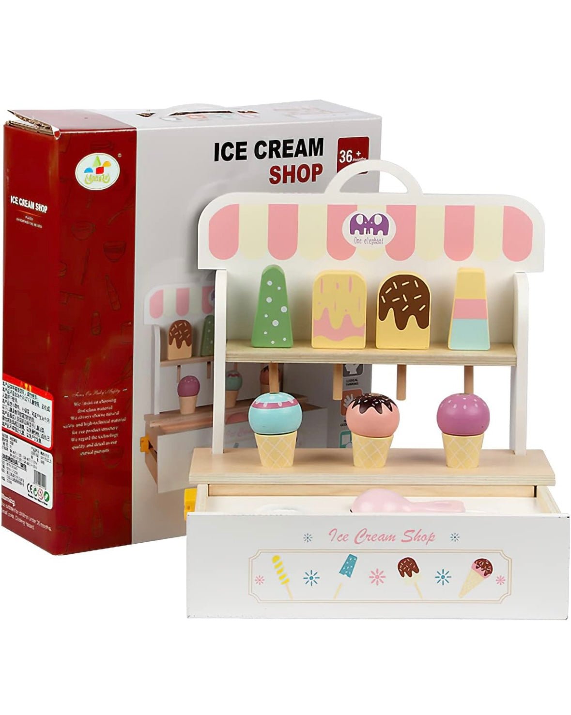 Juego de helados de madera, carrito de helados, juguetes de puesto para niños pequeños, accesorios de cocina de juego Montessori, juego de comida de madera para niños, juego de simulación para niños pequeños