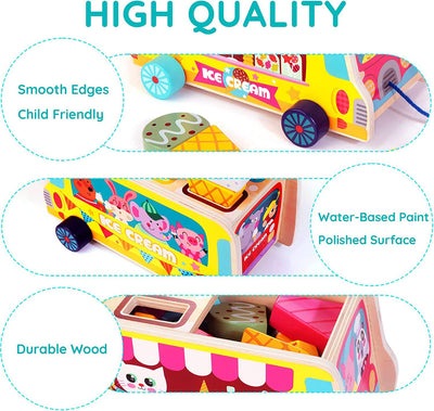 Camion de crème glacée en bois | 28 pièces de friandises glacées magnétiques | Jeu de rôle alimentaire et accessoires