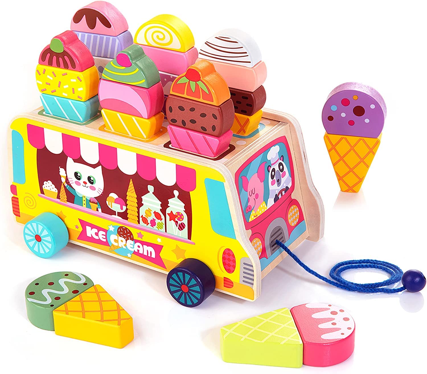 Camión de helados de madera | 28 piezas de dulces y helados magnéticos | Comida y accesorios de juego de simulación