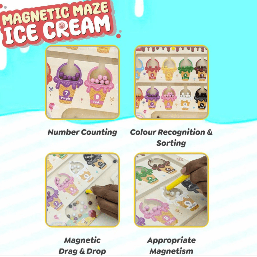 Rompecabezas de laberinto magnético de madera con números y colores – Juguete educativo con temática de helado para niños de 3 a 5 años | Habilidades motrices finas, conteo y tablero de aprendizaje de combinación de colores