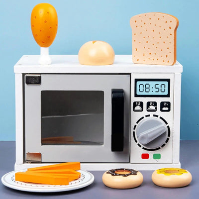 Horno de microondas de madera, cocina, horneado, interacción entre padres e hijos