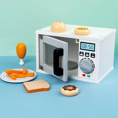 Horno de microondas de madera, cocina, horneado, interacción entre padres e hijos