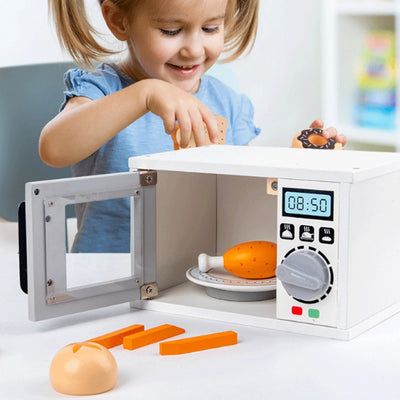 Horno de microondas de madera, cocina, horneado, interacción entre padres e hijos