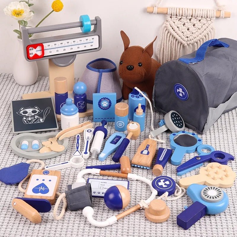 Juego de Doctor de Madera para Mascotas con Accesorios de Herramientas de Hospital, Kit Médico de Simulación