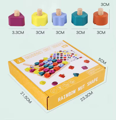Tablero de tornillos de madera Montessori | Juguete de clasificación y combinación de formas de tuercas arcoíris