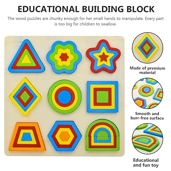 Juguete de Aprendizaje Rompecabezas de Formas de Madera – 9 Piezas Geométricas Coloridas y Tarjetas de Diseño