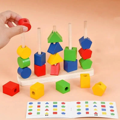 Wooden 5 Pillar Sorter with Lacing Stacking Toy Educational Beads Fine Motor Skills