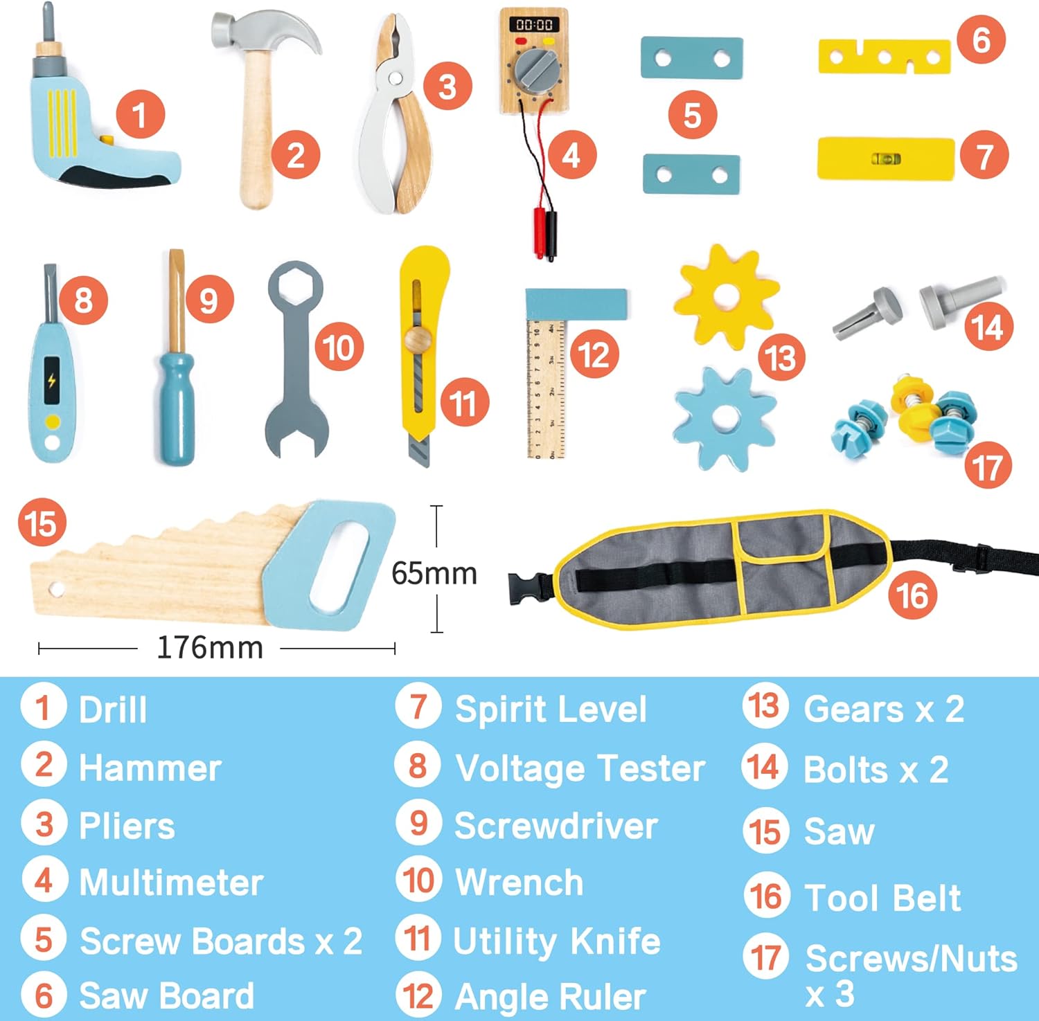 Juego de cinturón de herramientas de madera Kit de construcción de madera Taladro Martillo Destornillador, Aprendizaje Montessori preescolar