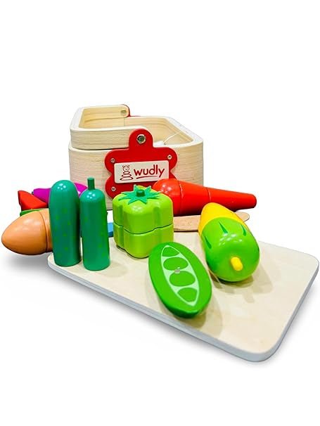 Wooden Vegetable Basket Pretend Cutting Vegetable Set with Wood Knife & Storage Basket