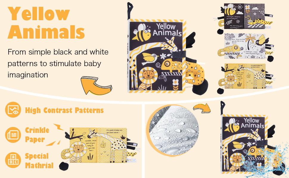 Libro de tela Animales amarillos – Libro sensorial táctil para bebés